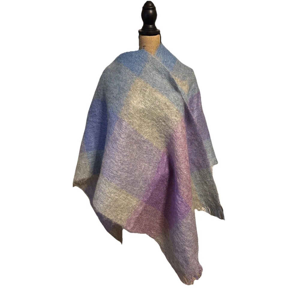 Vintage 100% Mohair Wrap 51 In X 72 In Soft Pastel Plaid Hippie Boho 80s